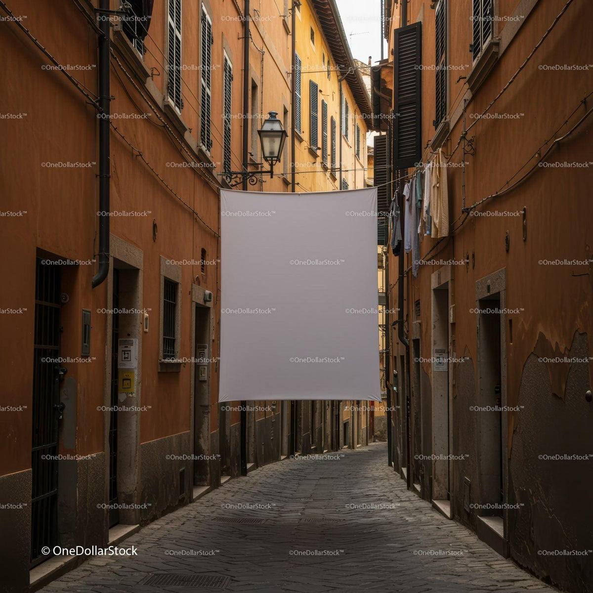 Narrow European street with hanging laundry and white cloth JPG Mockup Image preview