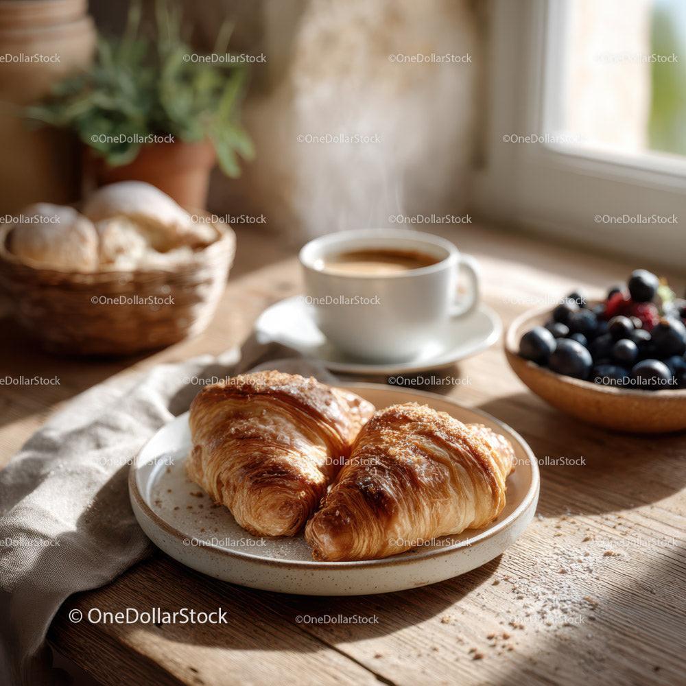 Fresh Croissants with Coffee and Berries in Cozy Breakfast Scene