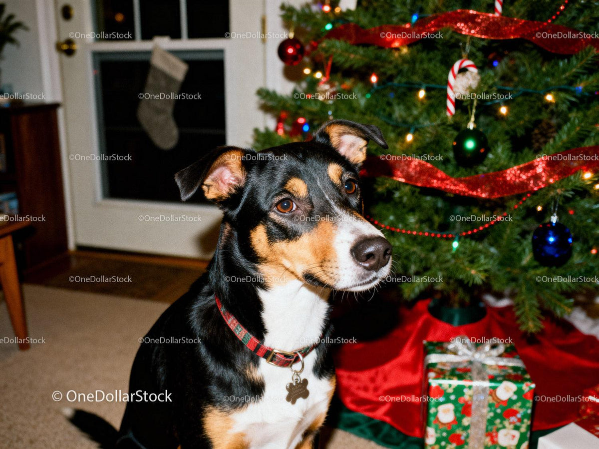 Alert dog sits near decorated Christmas tree with presents
