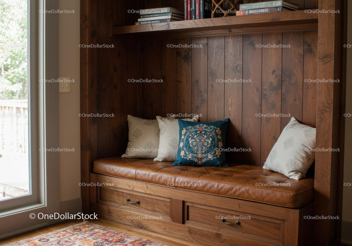 Cozy Window Nook with Leather Bench and Cushions in Warm Wooden Interior