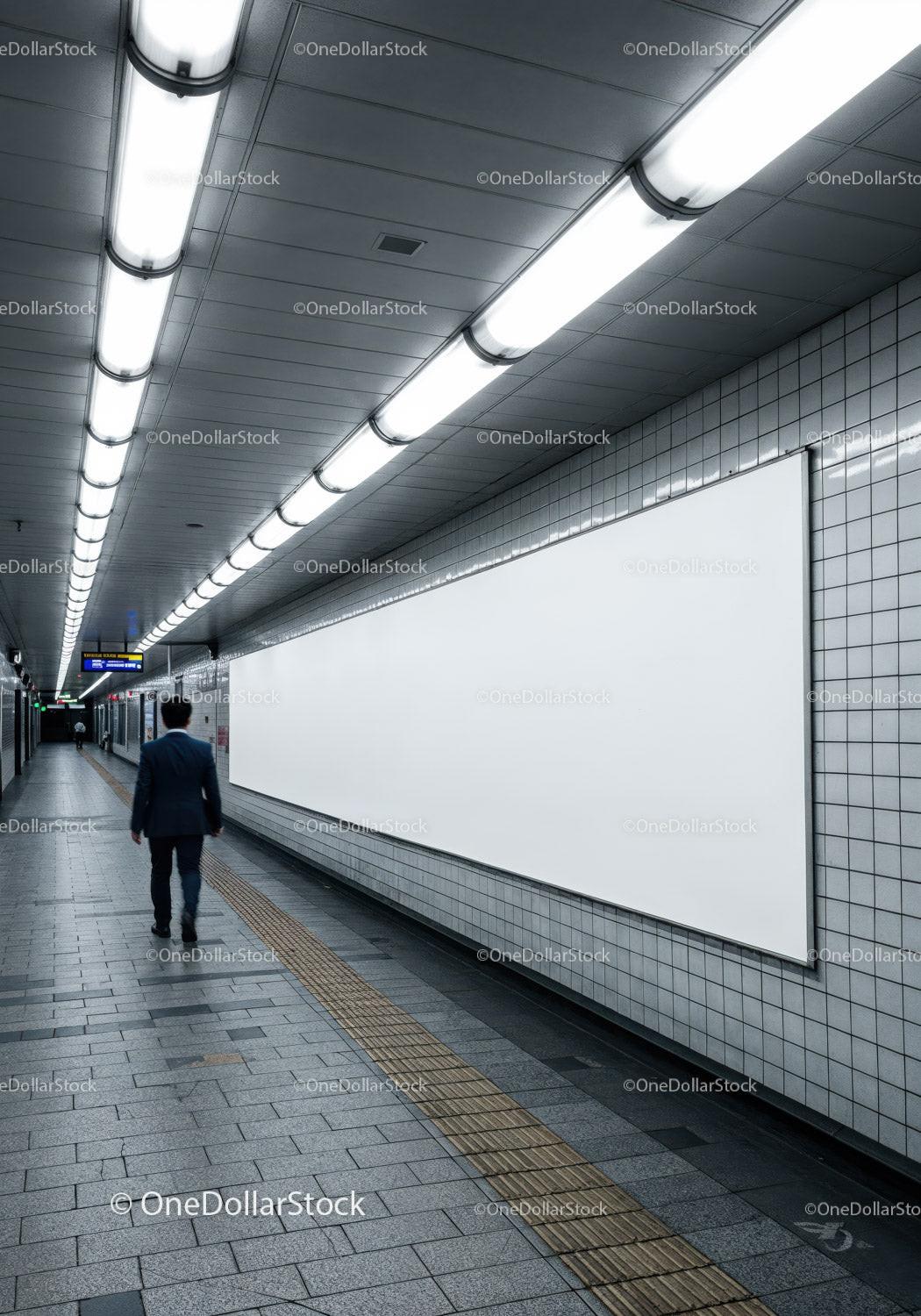 Modern Underground Metro Station with Bright Lighting and White Advertising Board JPG Mockup Image preview
