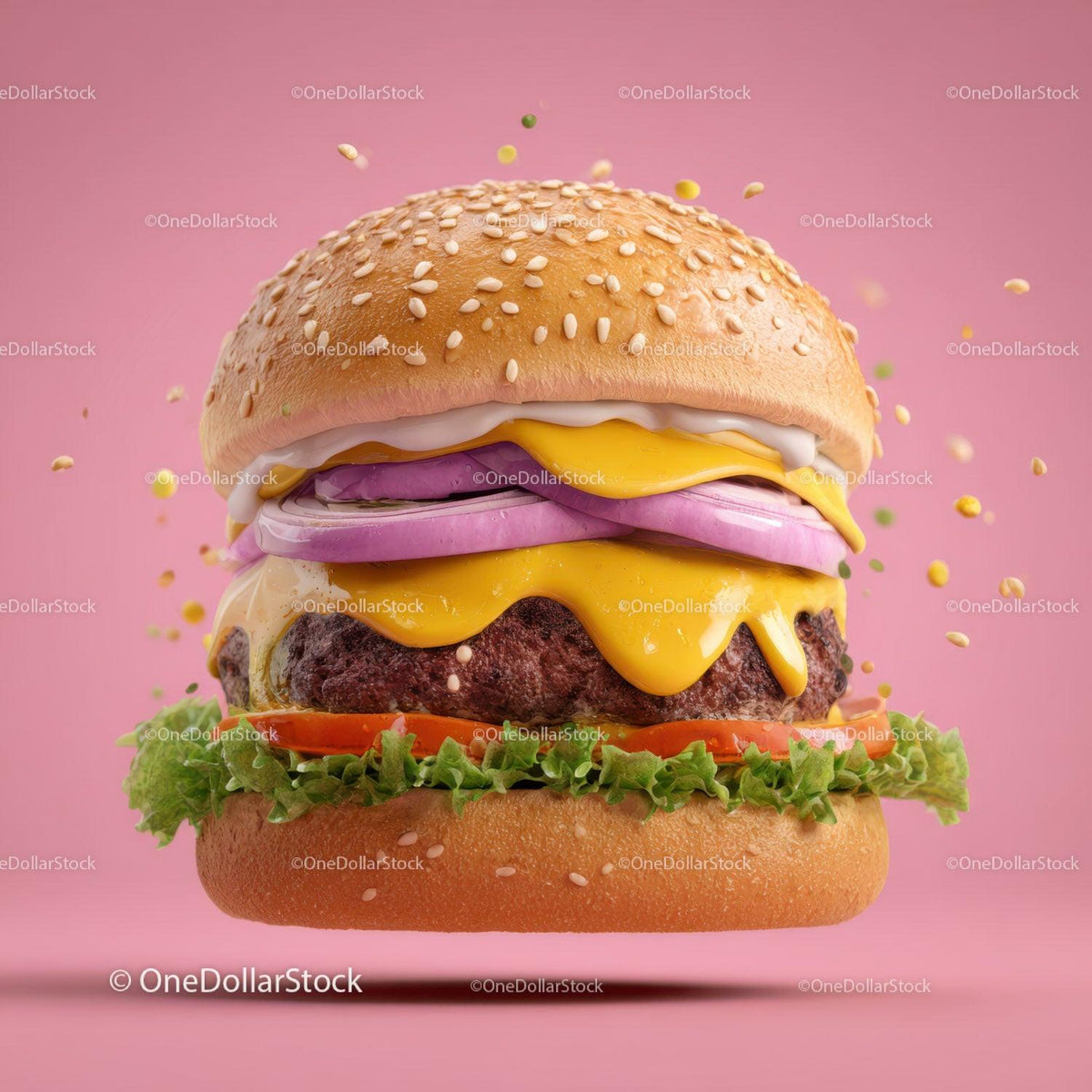 Juicy Cheeseburger with Melty Cheese and Fresh Vegetables on Pink Background Stock Photo Bundle preview 26
