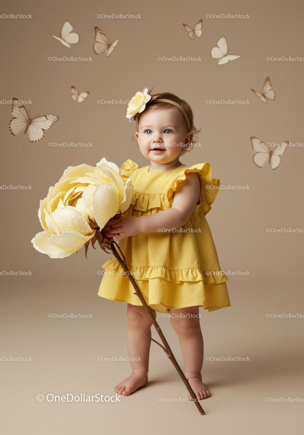 Toddler girl in yellow dress holding giant flower