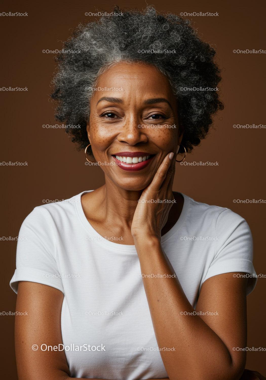Elegant Mature African American Woman with Grey Curly Hair Smiling