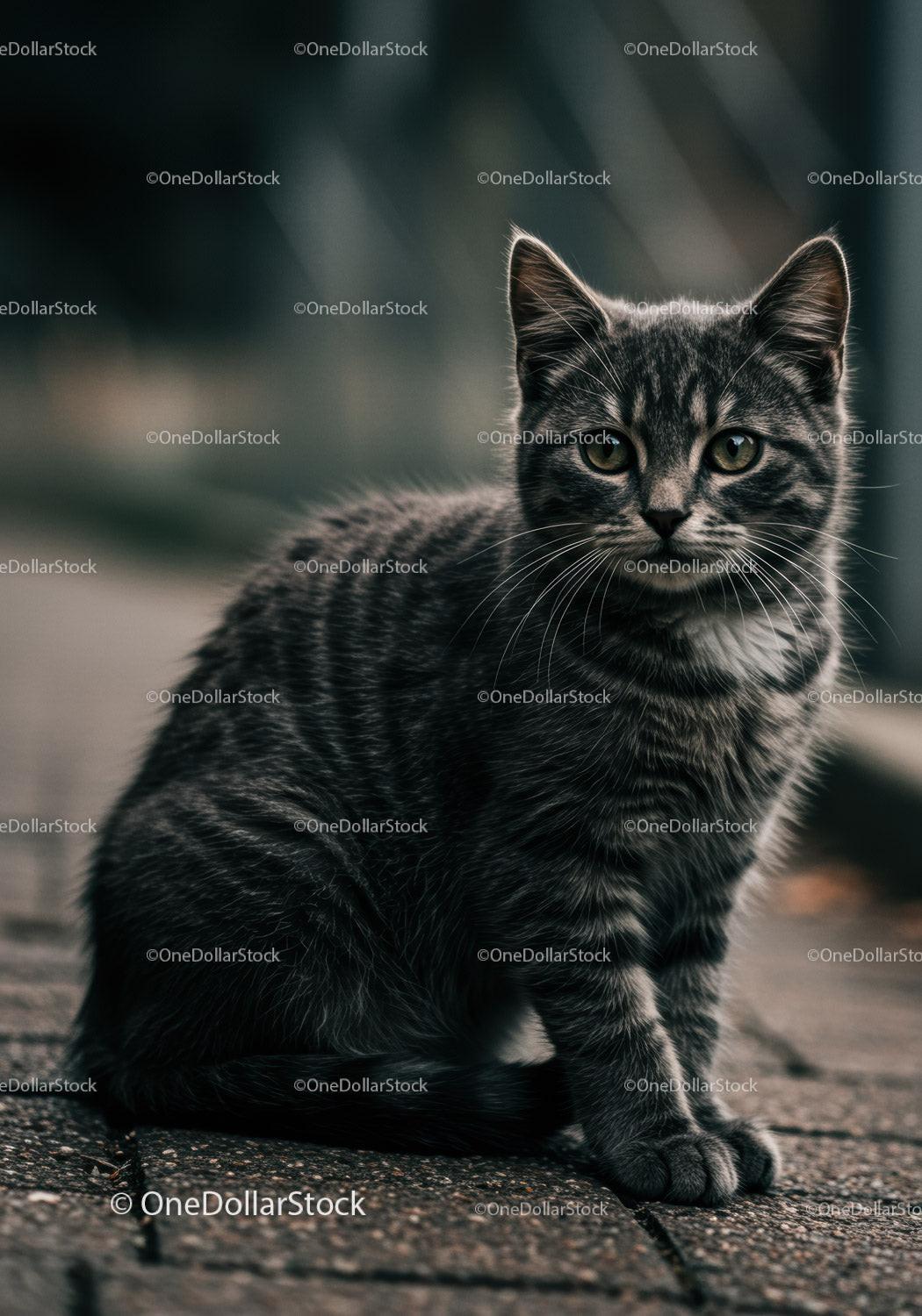 Cute tabby kitten sitting on textured pavement outdoors