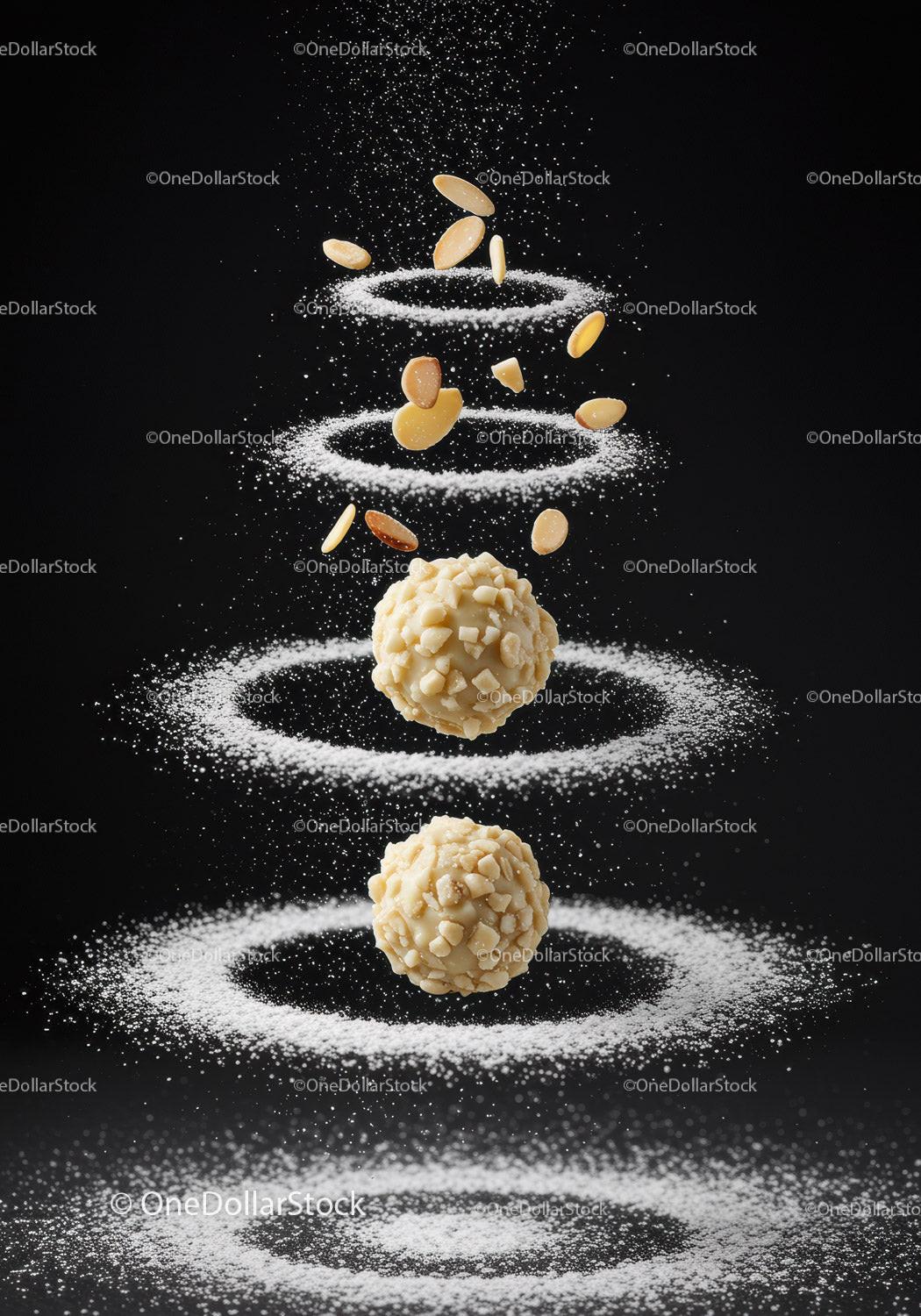 Almond covered truffles surrounded by powdered sugar rings