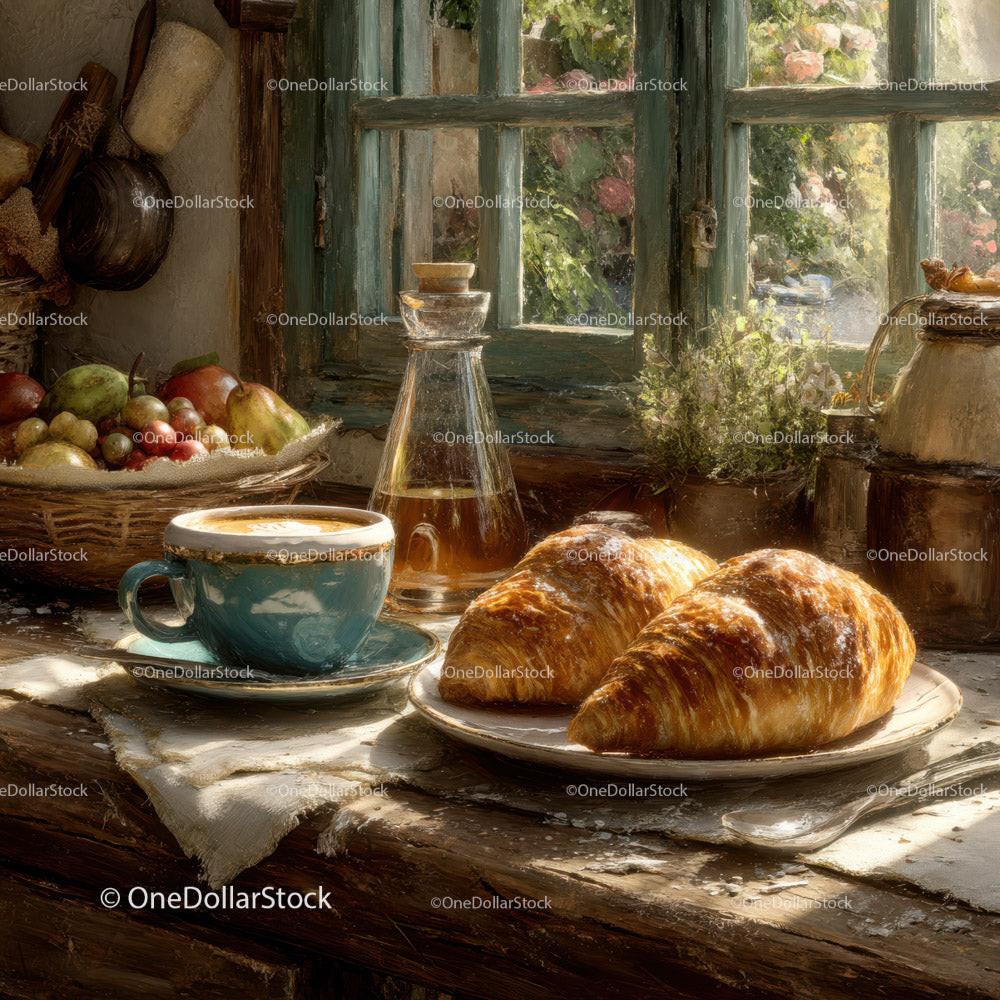 Cozy rustic kitchen with croissant and fresh fruit on sunlit wooden table 16 JPG Files digital asset preview