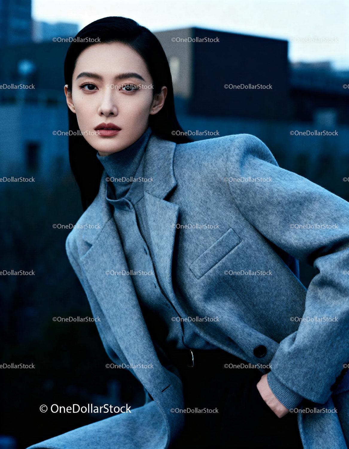 Elegant woman in gray coat posing with urban backdrop