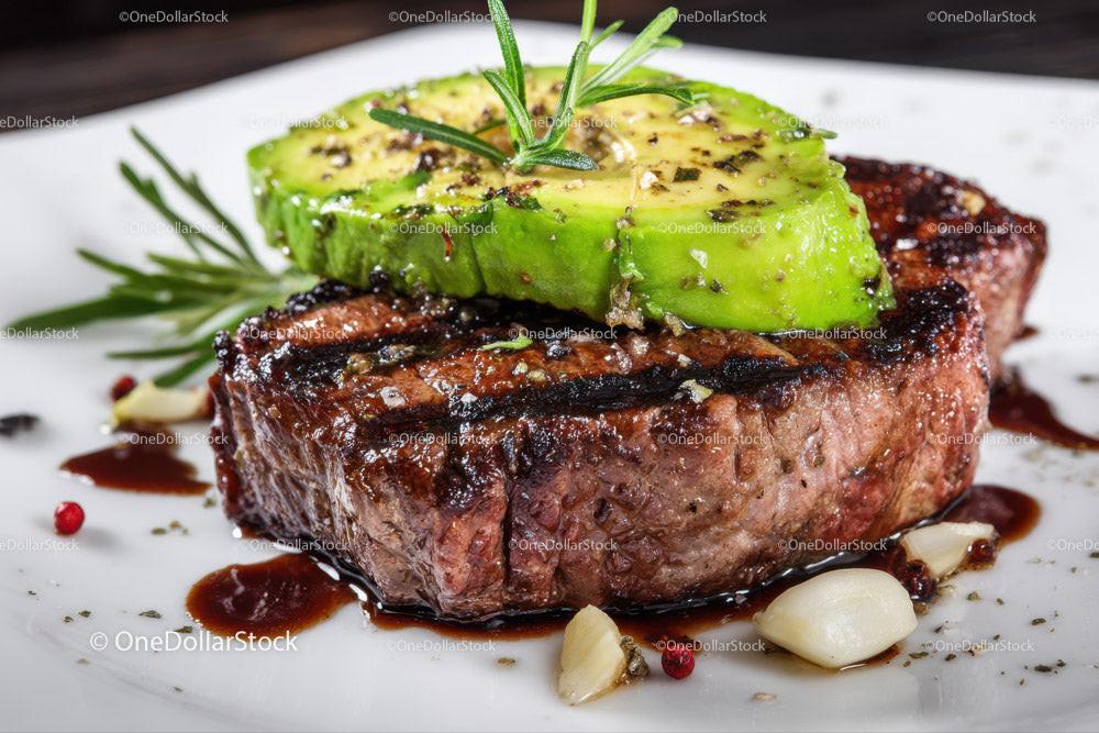 Juicy Grilled Steak with Fresh Avocado and Garlic on Rustic Board Stock Photo Bundle preview 38
