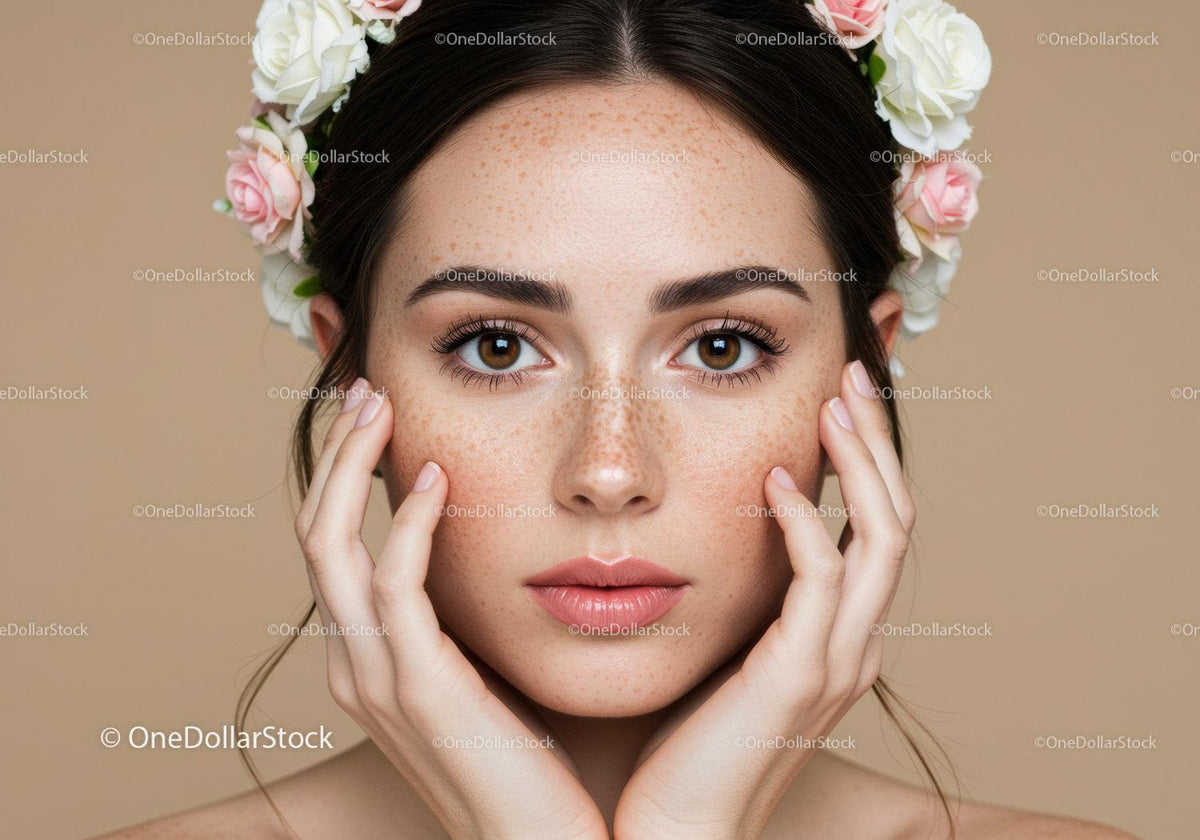 Portrait of a Young Woman with Freckles and Floral Crown
