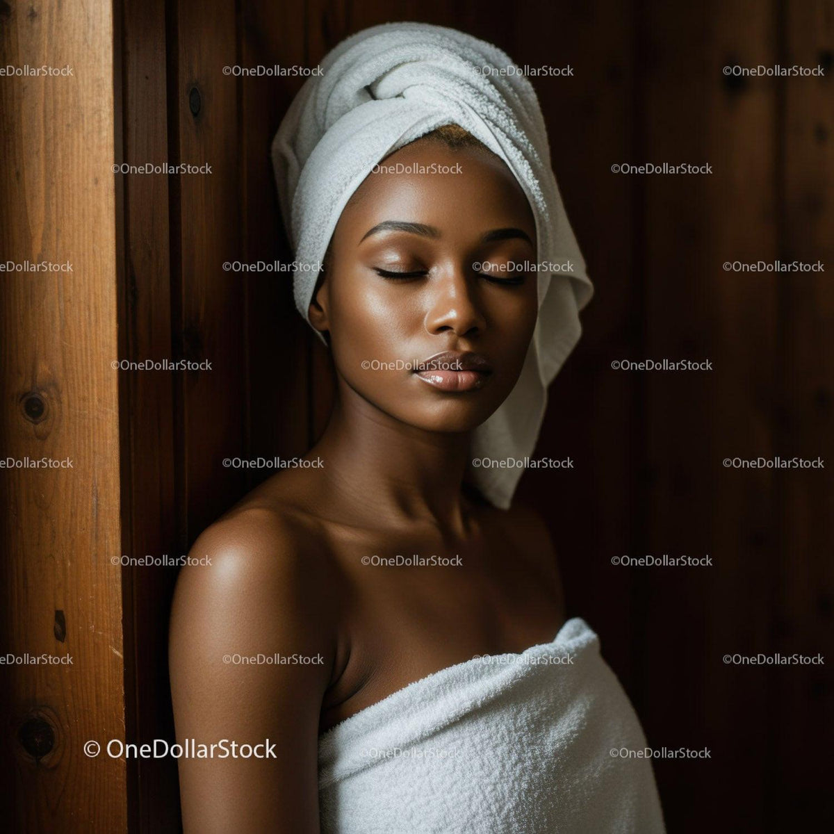 Elegant African-American Woman Relaxing with Towel Around Shouters in Spa