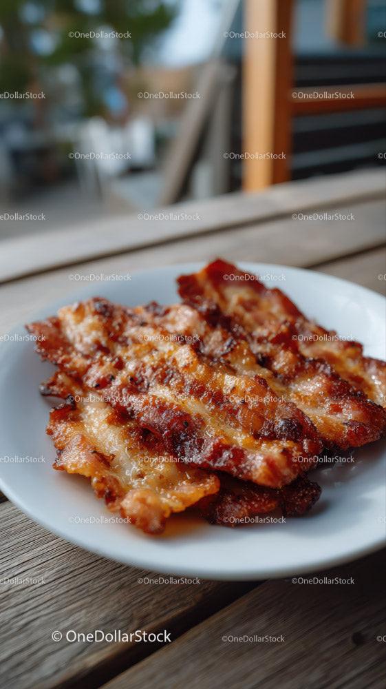 Crispy Bacon and Grilled Meat on White Plate in Rustic Setting