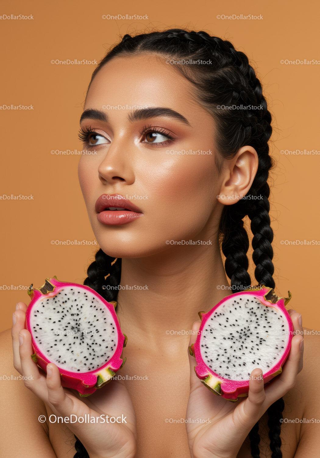 Elegant Woman with Braided Hair Holding Fresh Dragon Fruit Halves