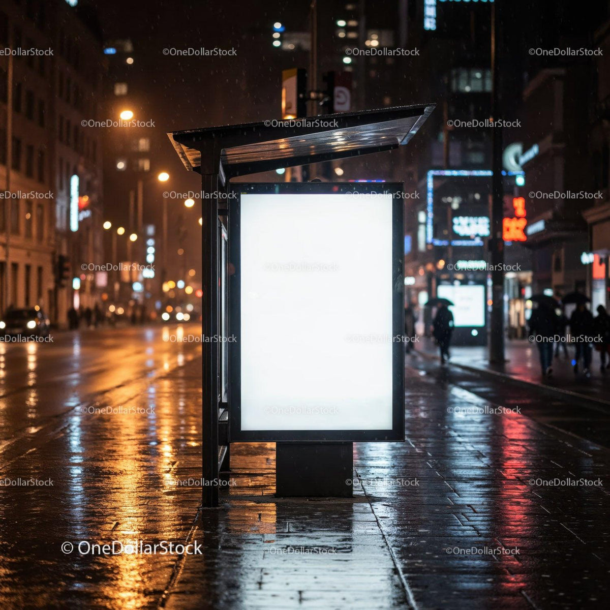 Illuminated Bus Stop on Rainy Night in Urban City Scene JPG Mockup Image preview