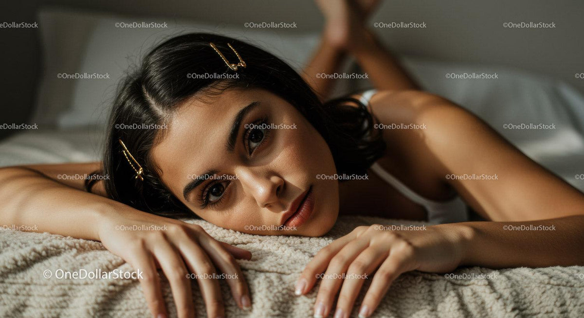 Young Woman Relaxing on Bed with Gold Hairpins and Natural Beauty