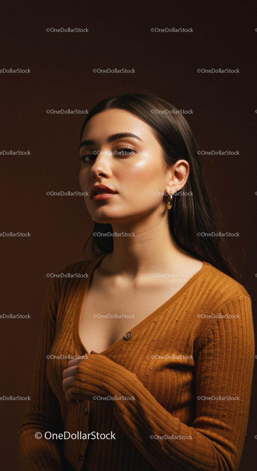 Stylish Woman with Brown Hair Wearing Casual Outfit Indoor