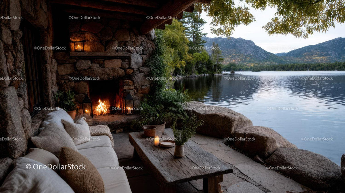 Cozy Riverside Cabin With Fireplace Overlooking Mountain Landscape Stock Photo Bundle preview 9