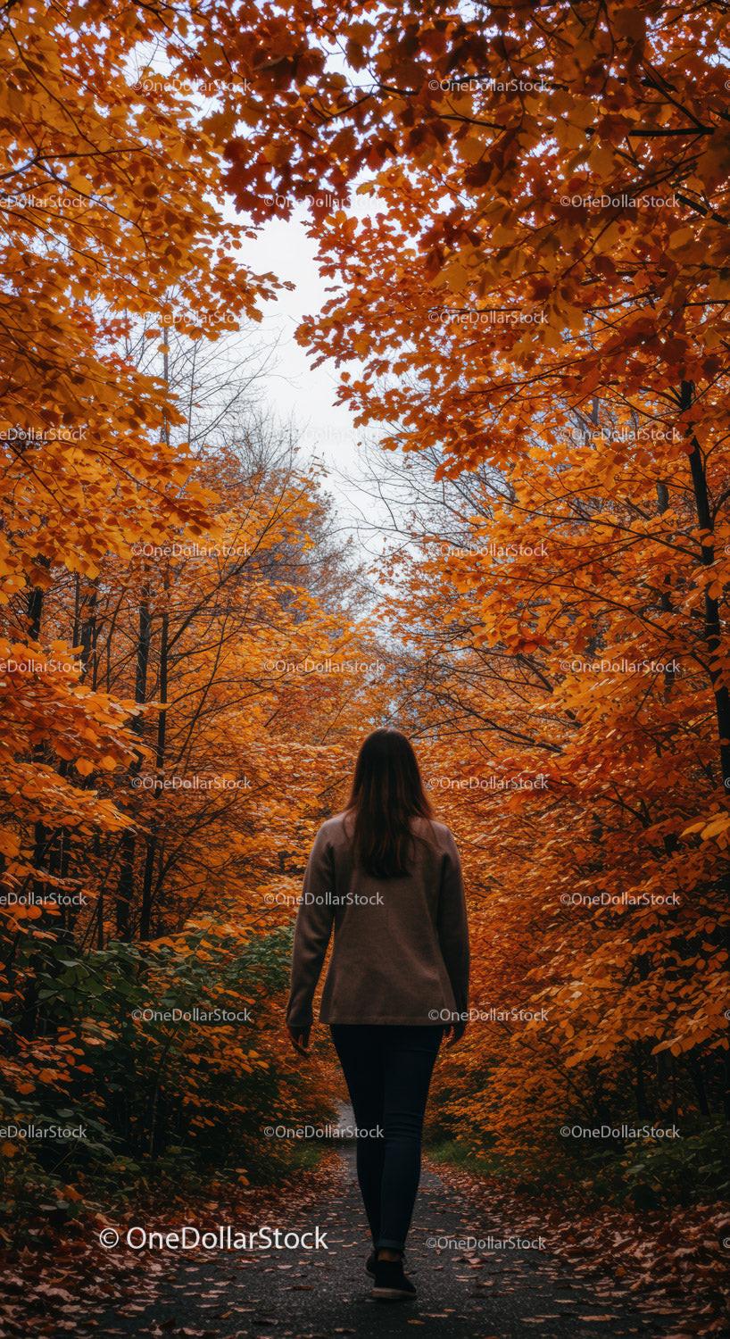 Woman walking through vibrant autumn forest path