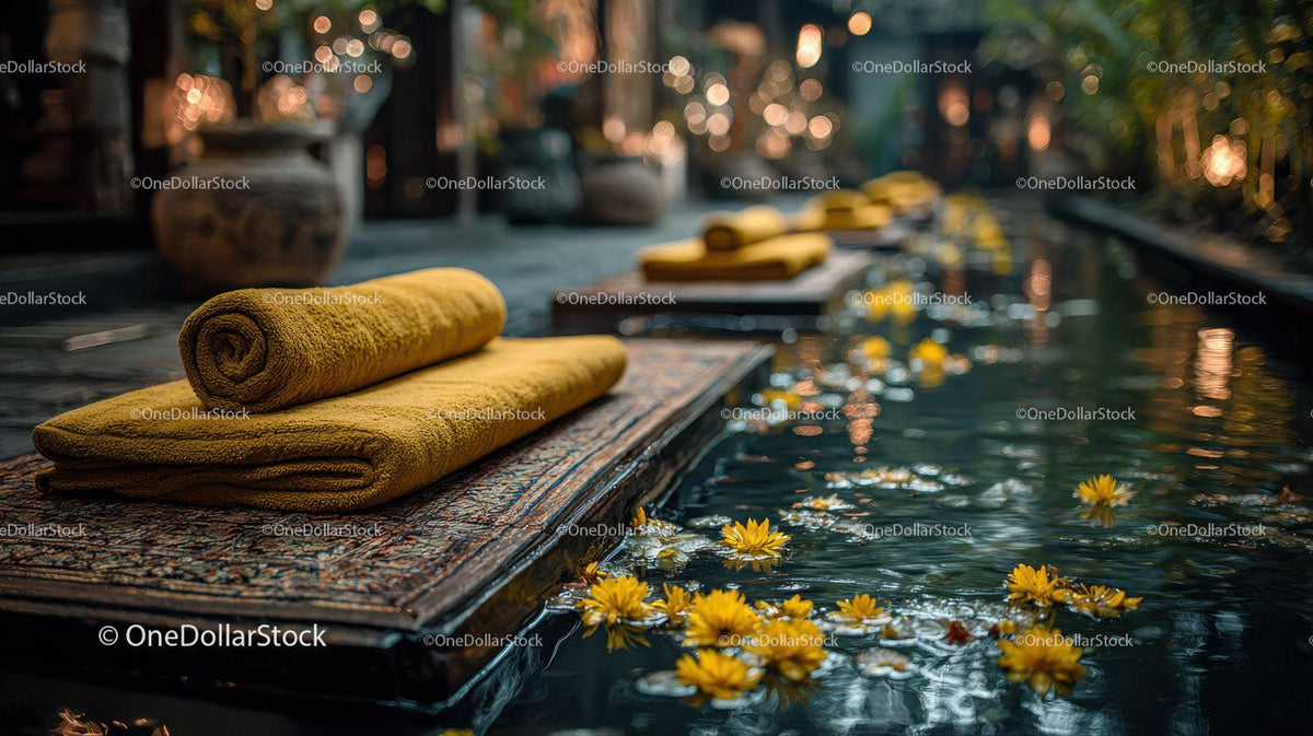 Serene Outdoor Spa Scene with Yellow Towel and Water Lilies Stock Photo Bundle preview 11