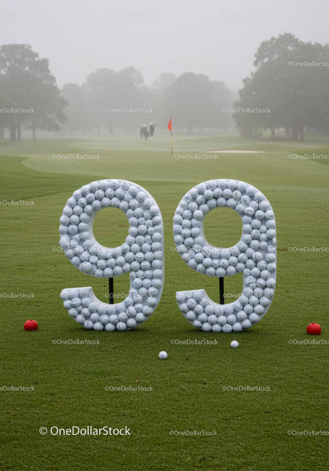 Golf course with number ninety nine made from balls