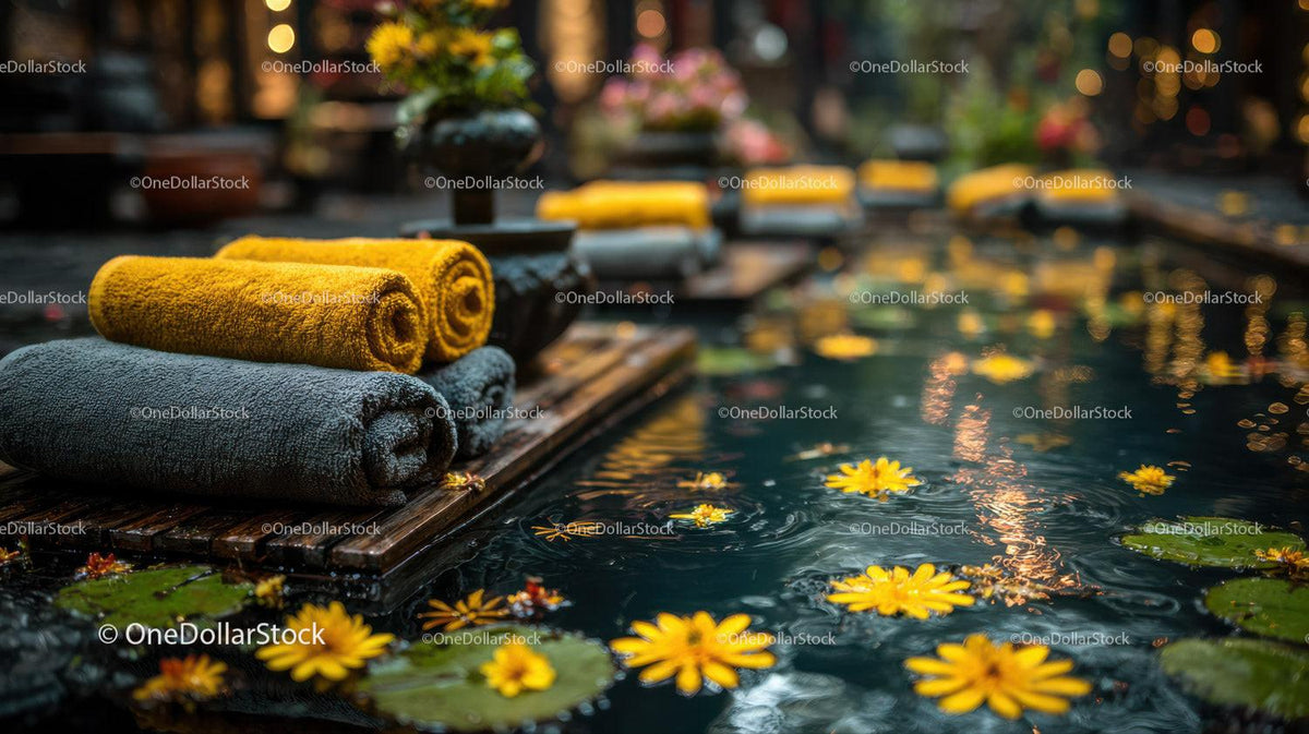 Serene Outdoor Spa Scene with Yellow Towel and Water Lilies Stock Photo Bundle preview 24