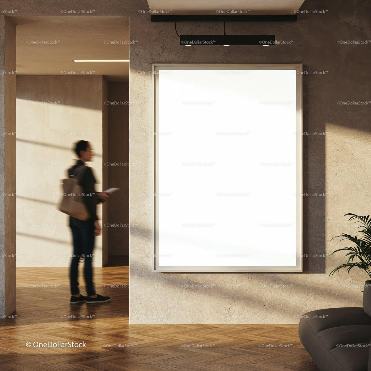 Person walking past blank poster in modern lobby JPG Mockup Image preview