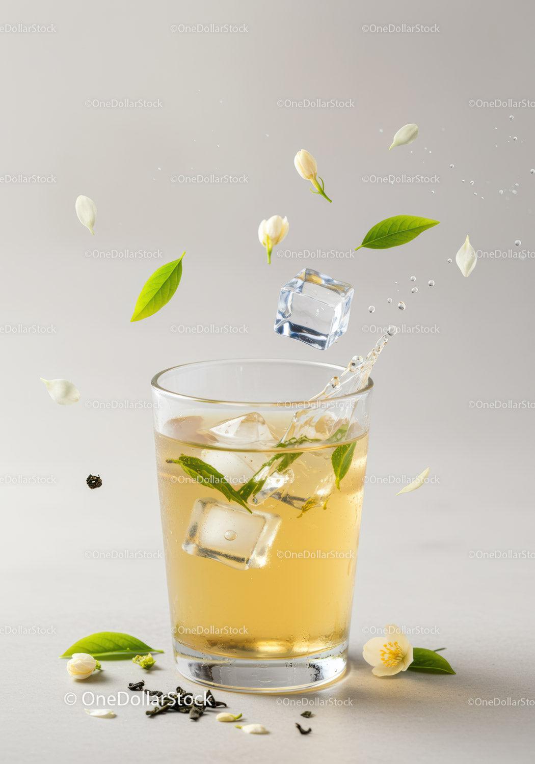 Refreshing Jasmine Tea with Ice and Fresh Green Leaves