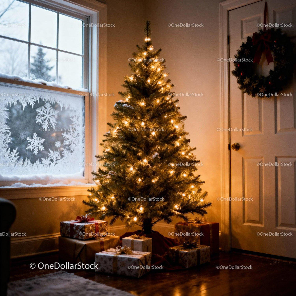 Cozy Christmas Tree with Wrapped Presents by Frosted Window