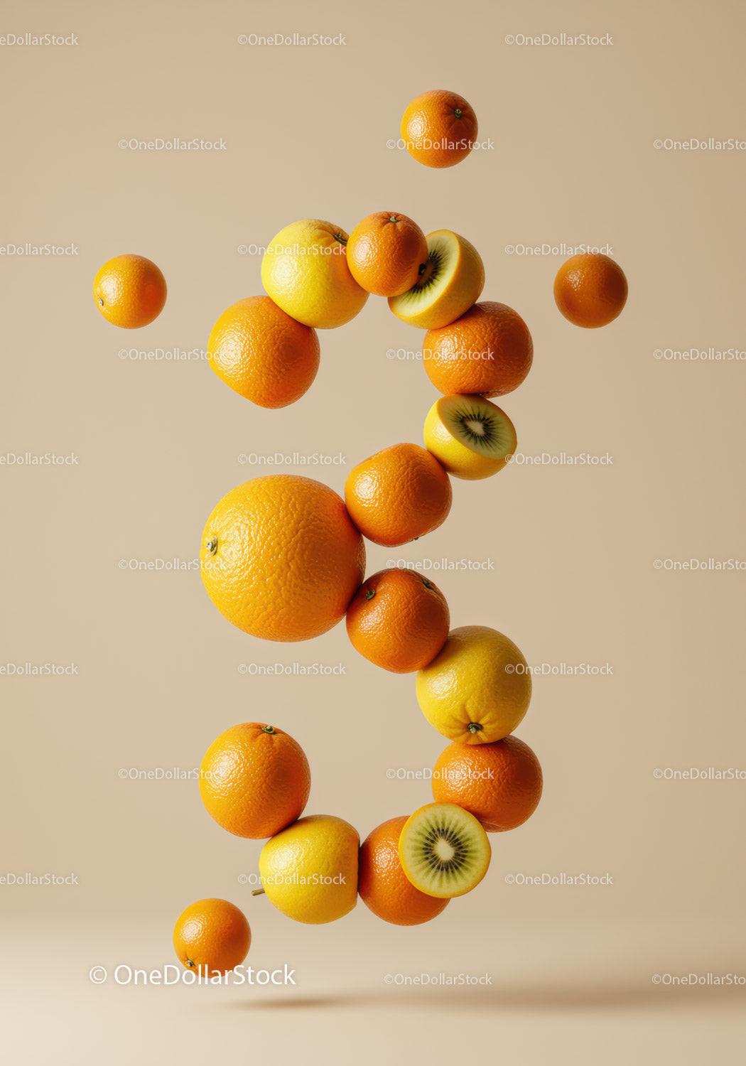 Floating Citrus Fruits Creating Number Three Shape