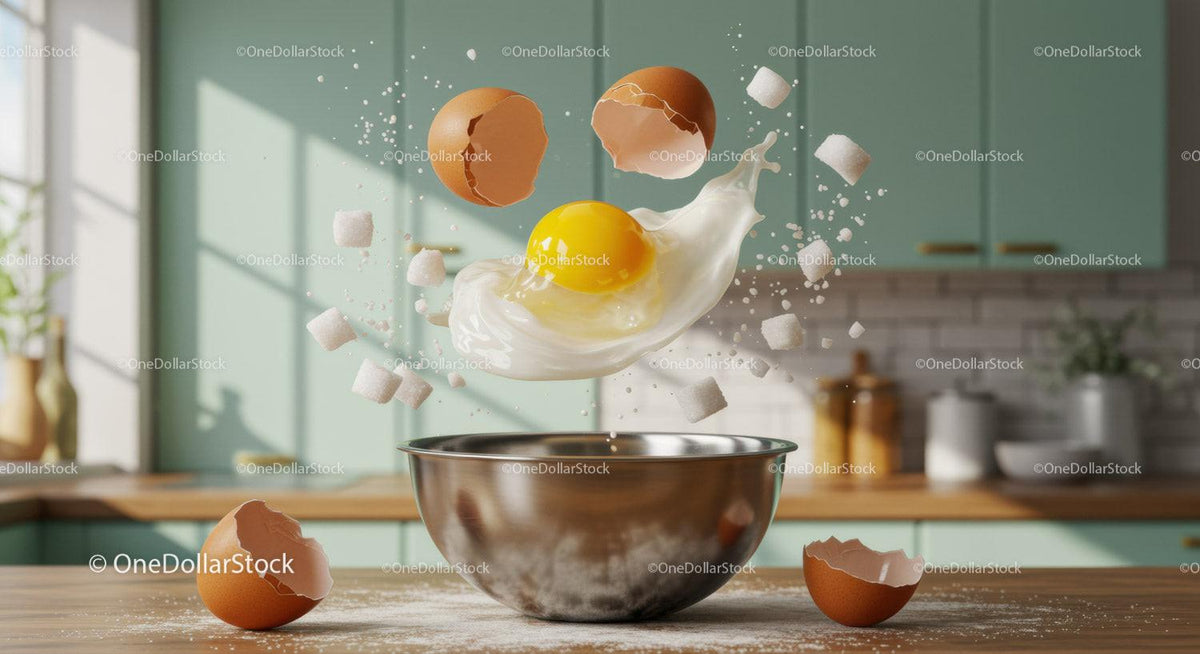 Fresh eggs and sugar suspended over mixing bowl in kitchen