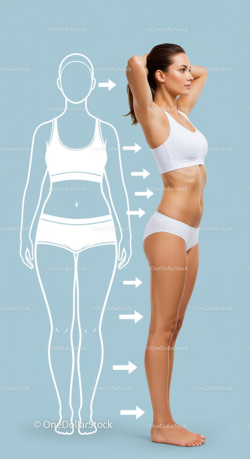 Women Body Transformation in Fitness Sportswear with Body Diagram