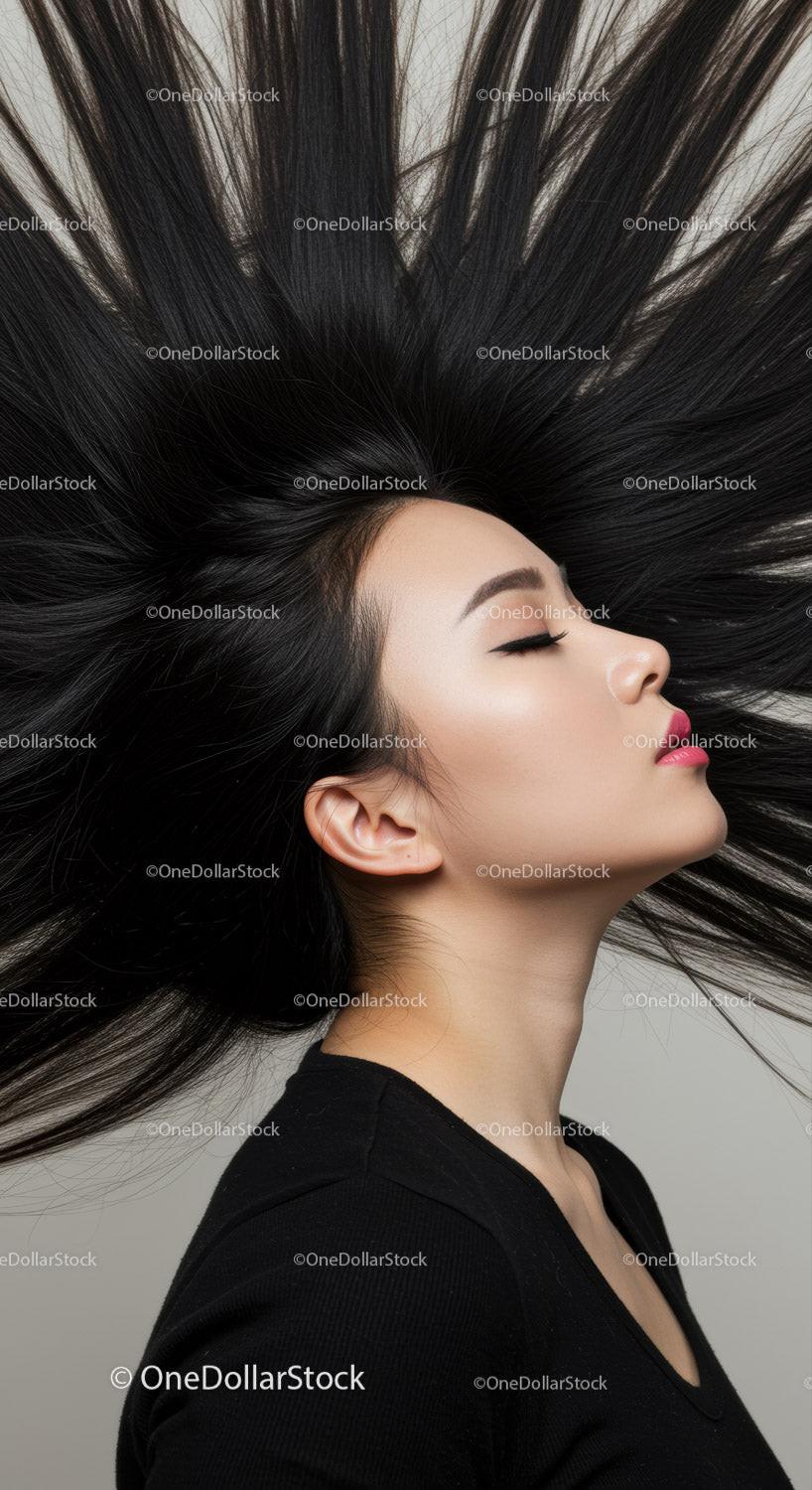 Profile of woman with flowing black hair on gray background