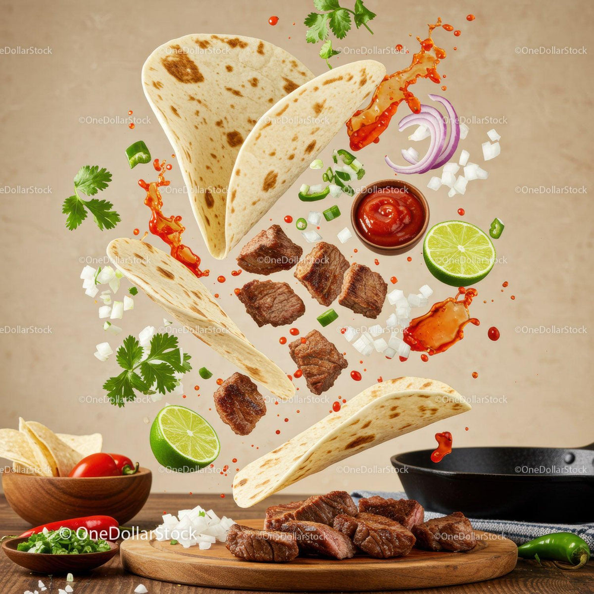 Fresh steak tacos with vibrant ingredients in motion