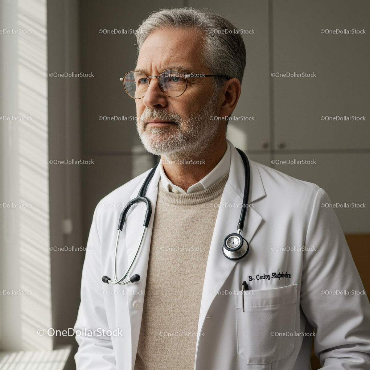 Senior Male Doctor with Stethoscope in Medical Clinic