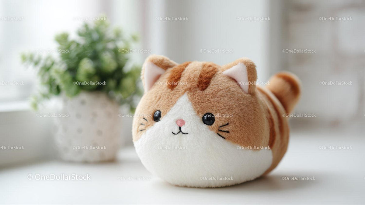 Orange and white plush cat toy with black eyes on white surface