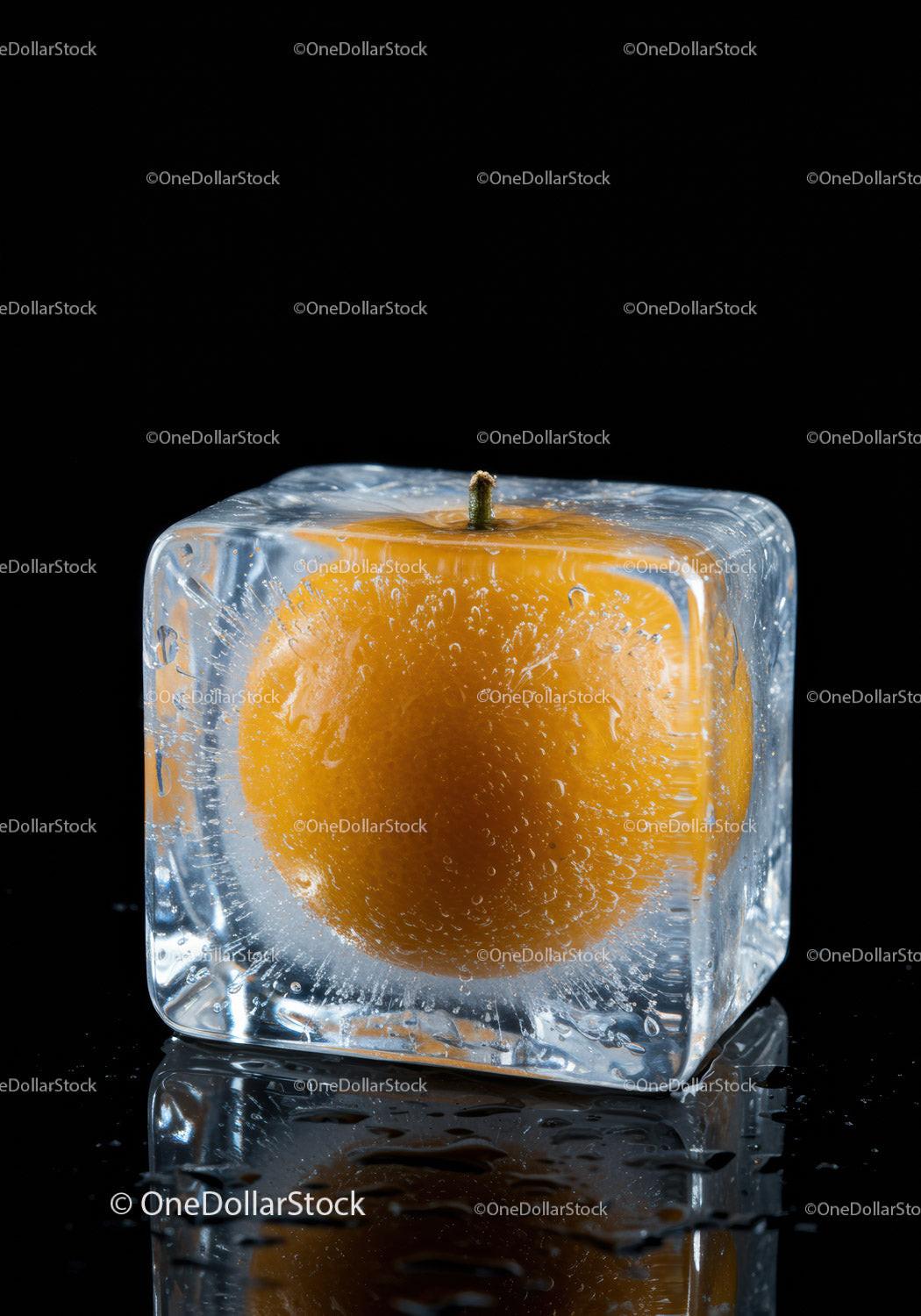 Fresh Orange Encased in Clear Ice Cube on Black