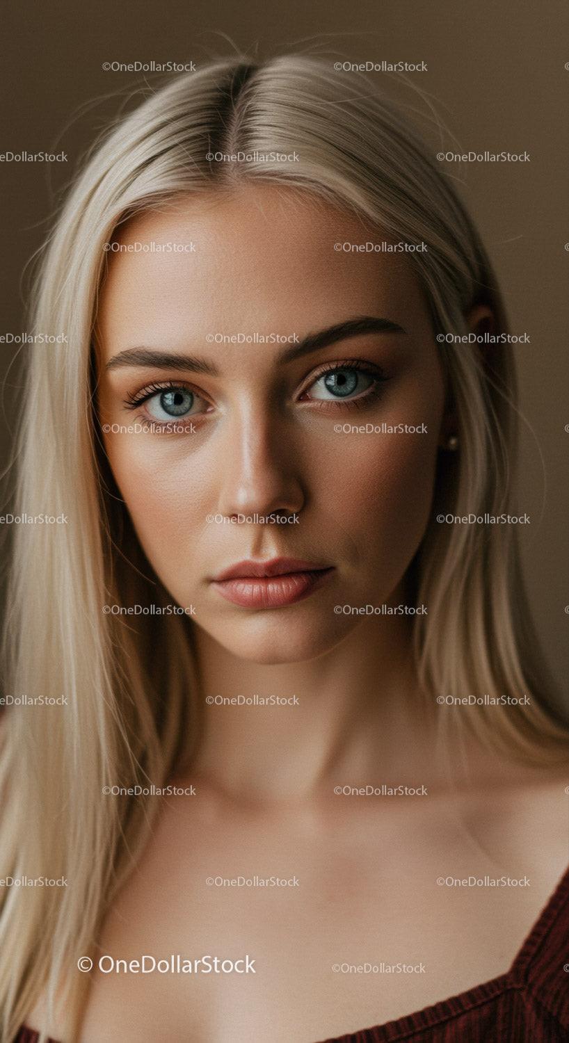 Close-up Portrait of Young Blonde Woman with Blue Eyes and Natural Makeup
