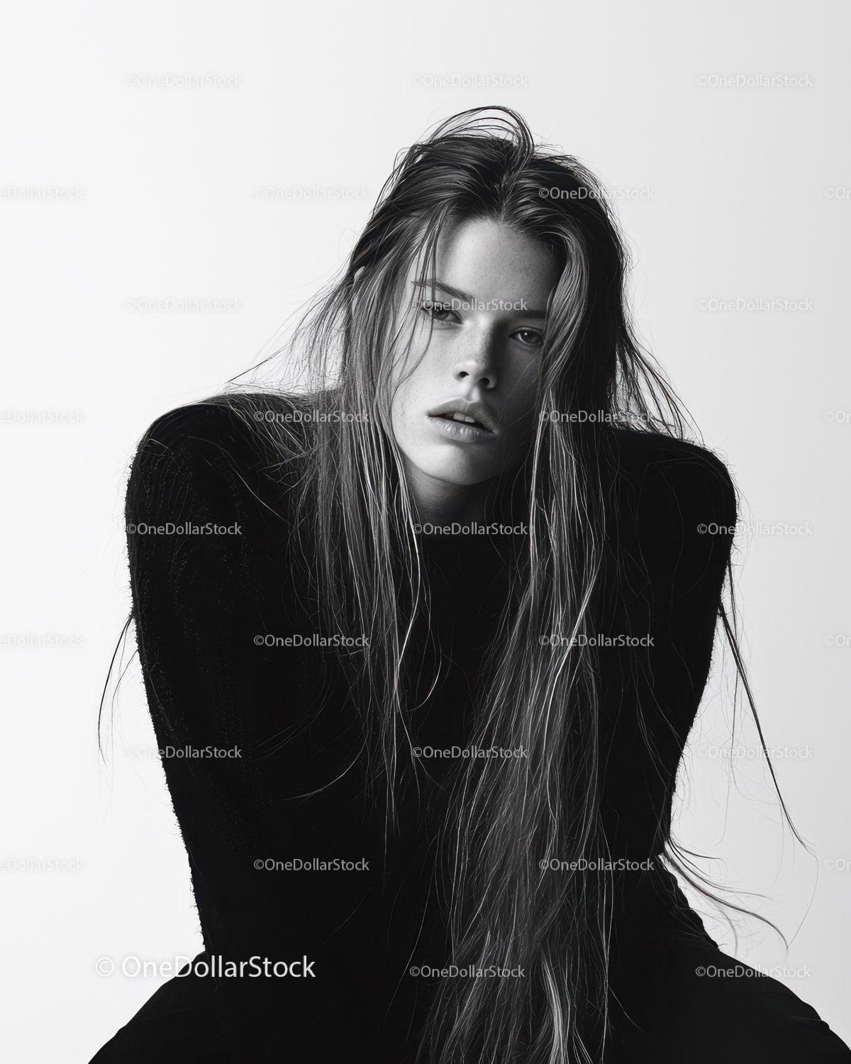 Black and White Portrait of a Young Woman with Long Wet Hair