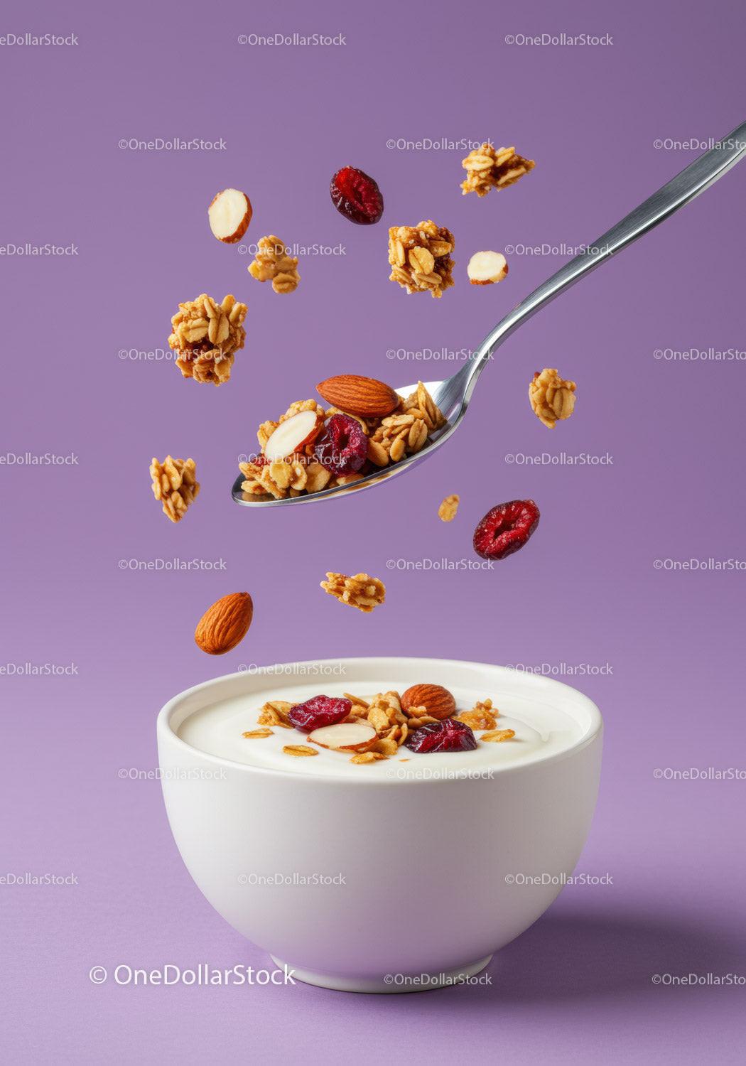 Granola and dried fruit falling into creamy yogurt bowl