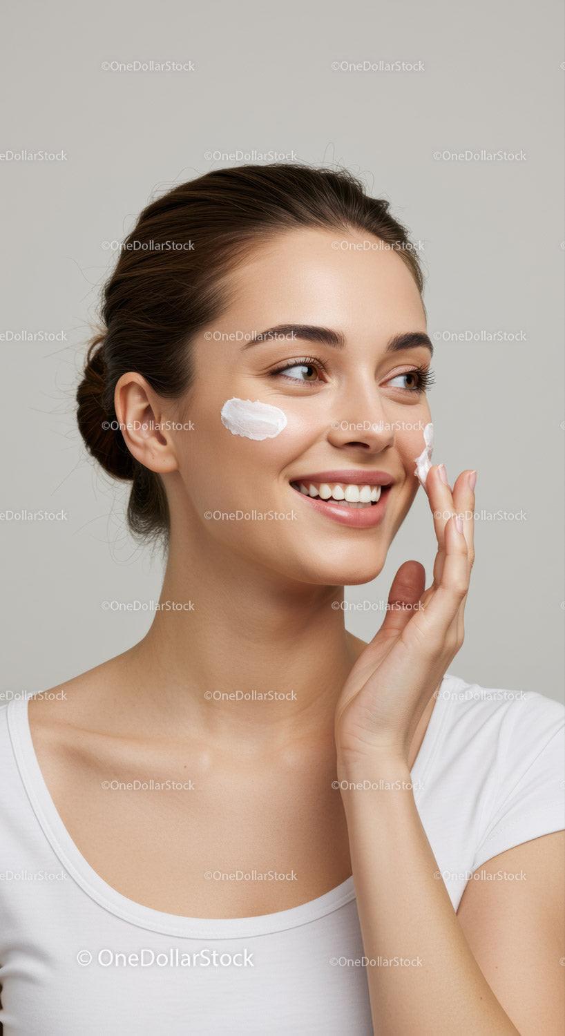 Young Woman Applying Facial Cream for Healthy Glowing Skin