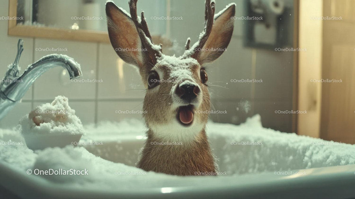 Young deer with antlers sitting in a bathtub filled with soap suds in a tiled bathroom