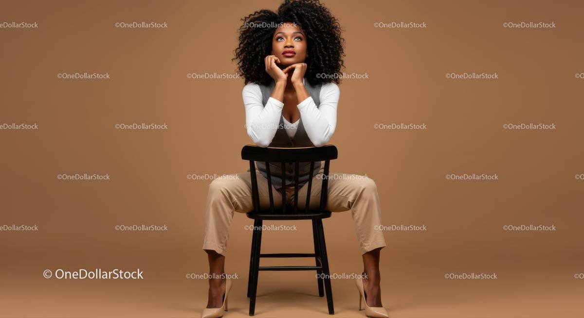 Thoughtful Woman Seated in Elegant Attire Against Brown Background Stock Photo Bundle preview 35