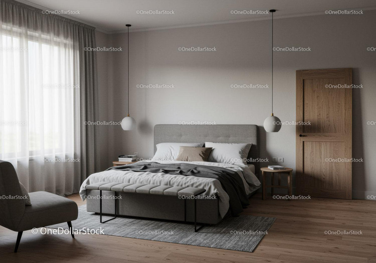 Contemporary Bedroom Interior with Neutral Tones and Wooden Accents