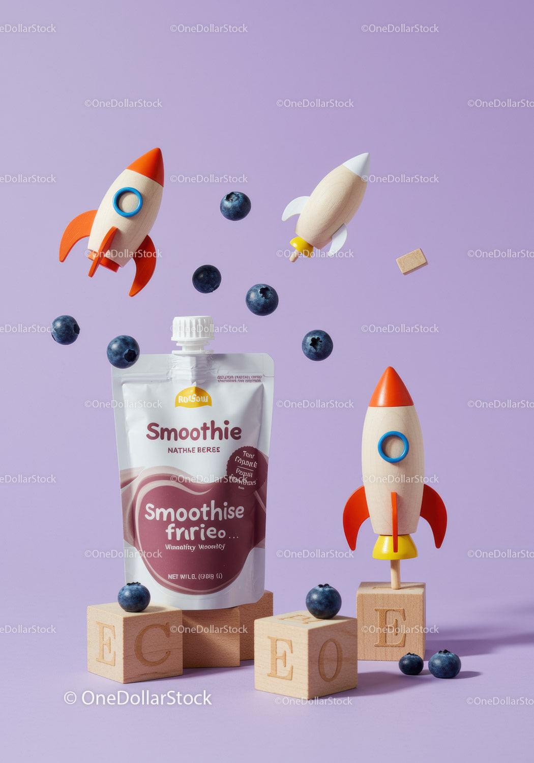 Smoothie pouch with blueberries and wooden rockets on blocks