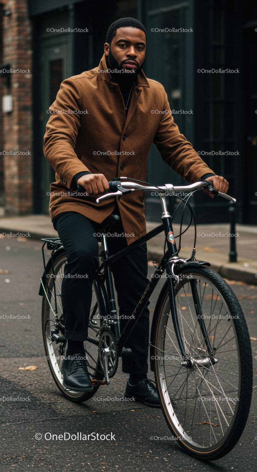 Man Riding Vintage Bicycle in Urban Street Setting