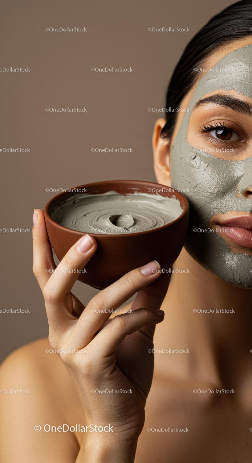 Woman with Gray Clay Facial Mask Holding Clay Bowl for Skincare