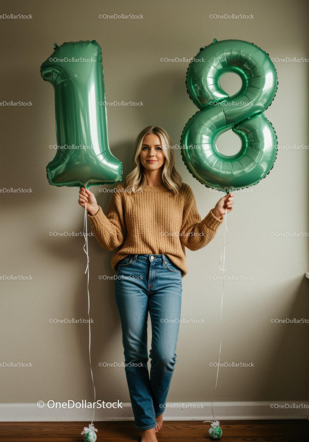 Young woman celebrating eighteenth birthday with balloons