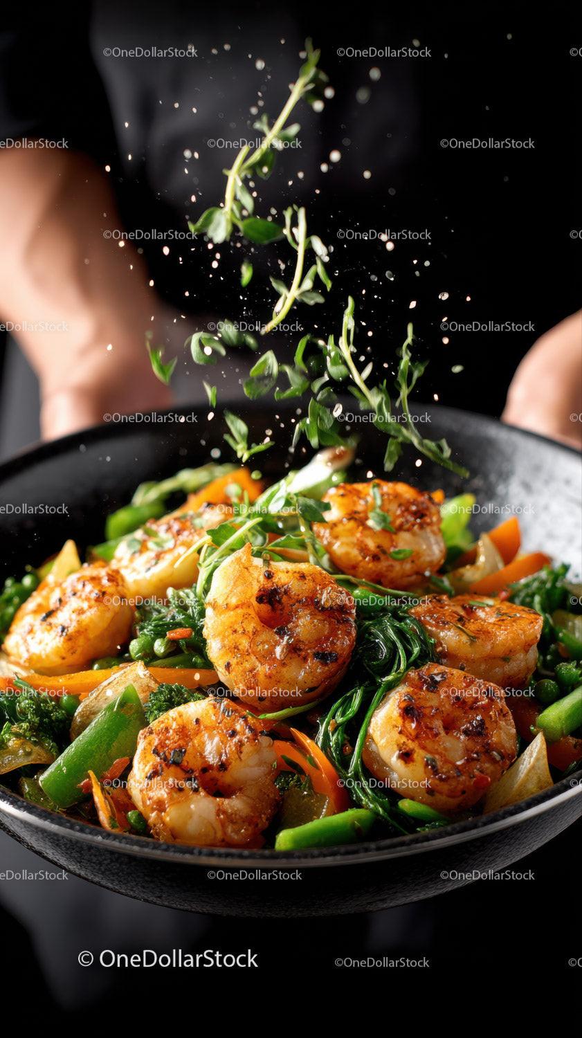Seafood and Vegetable Stir-Fry with Juicy Shrimp and Fresh Greens