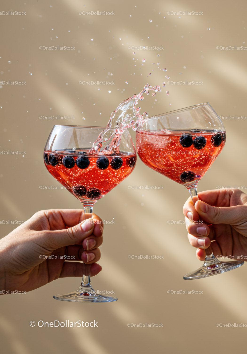 Two hands clinking glasses with sparkling berry cocktail