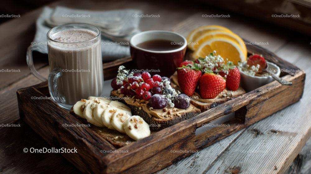 Fresh Fruit and Banana Slices with Sweet Toppings on Wooden Tray